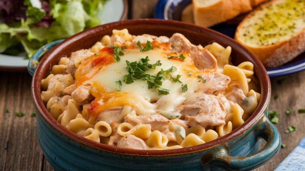 A rustic ceramic bowl filled with creamy canned chicken pasta