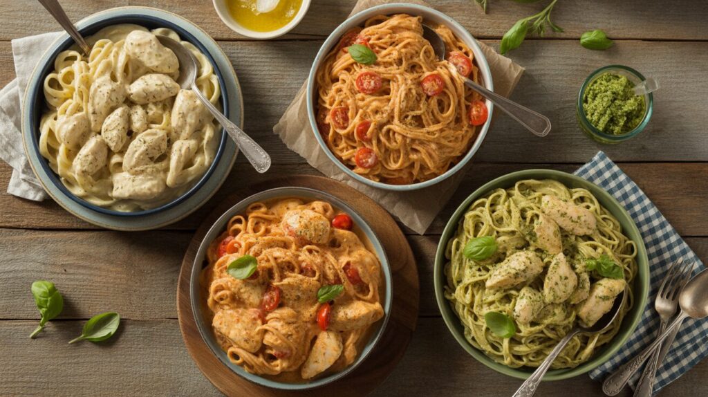 Assorted chicken pasta dishes served