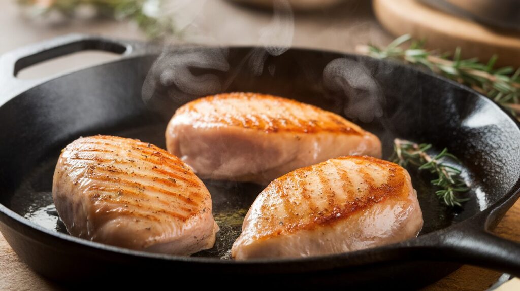 Chicken breasts sizzling in a cast iron skillet with golden brown sear marks