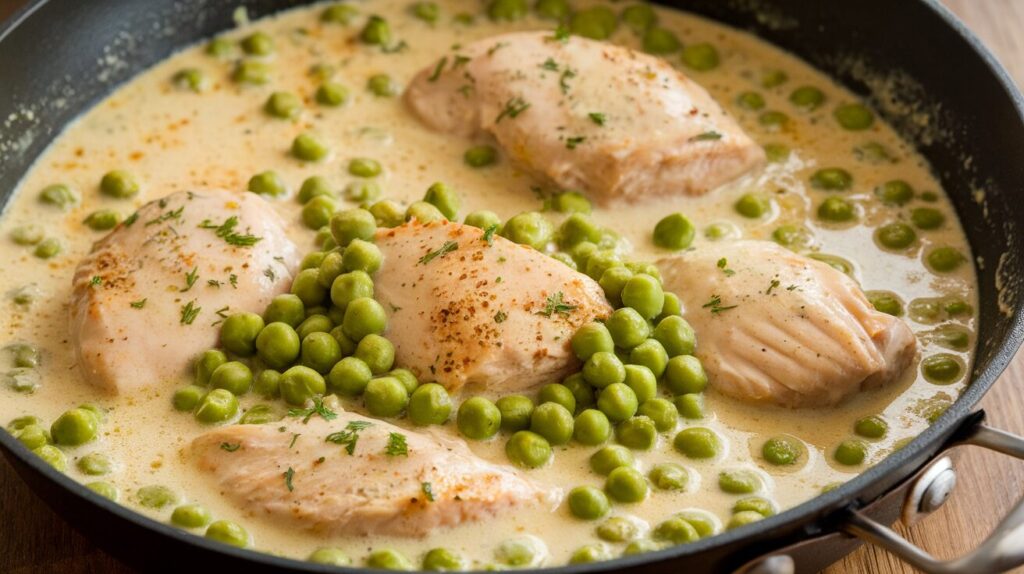 Creamy sauce with chicken and peas