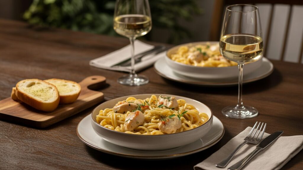 Dinner table with chicken pasta