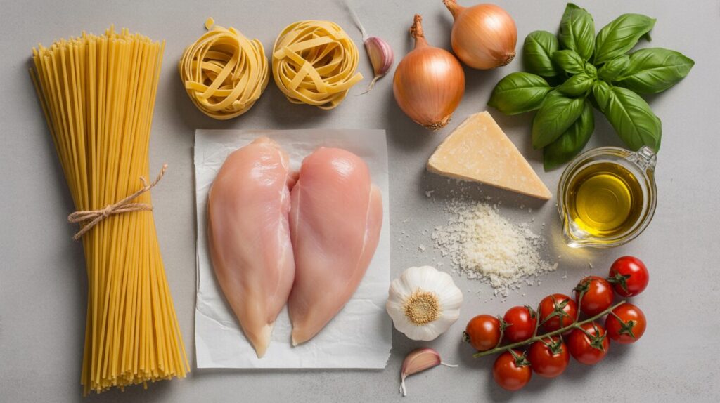 Fresh chicken pasta ingredients flatlay