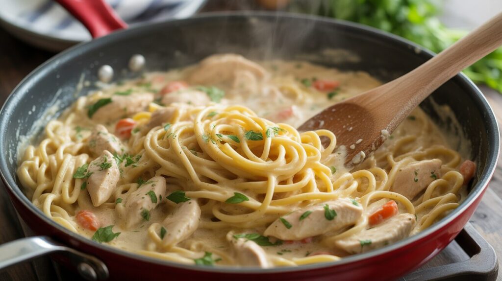 Skillet of creamy chicken pasta
