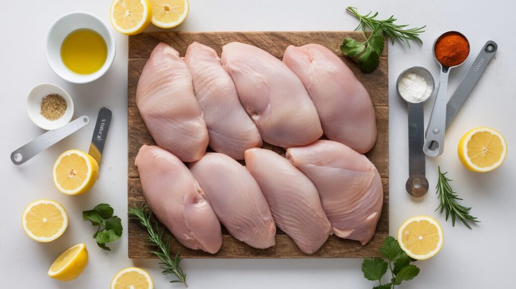 boneless skinless chicken breasts on a cutting board