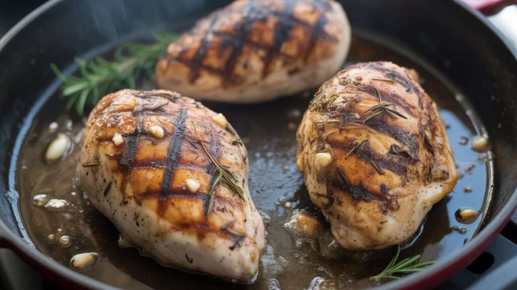 chicken breasts sizzling in a grill pan