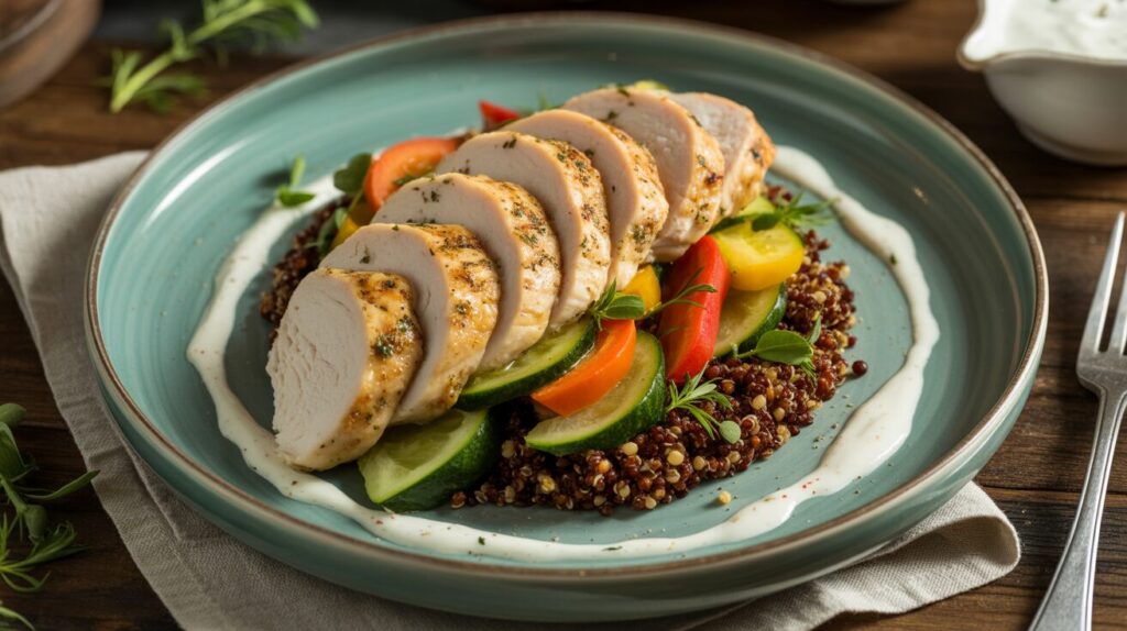 sliced grilled chicken breast on a bed of quinoa with colorful vegetables and a drizzle of yogurt sauce