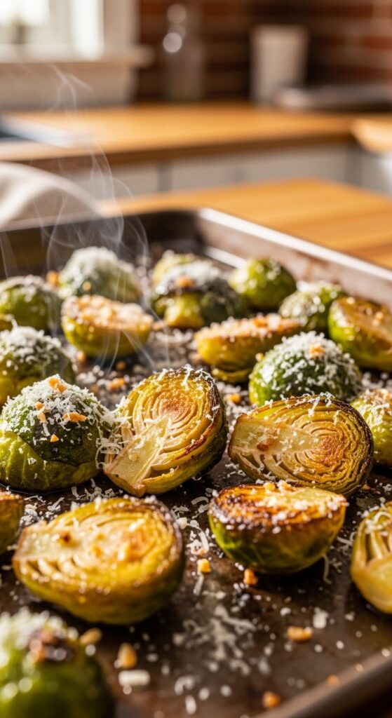 Crispy Roasted Brussel Sprouts with Garlic and Parmesan