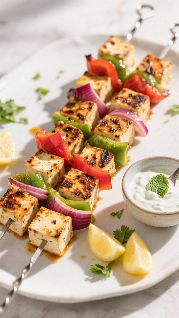 25-inch paneer cubes alternating with chunky red and green bell peppers and red onion petals; deep char marks and caramelized edges, brushed with marinade glistening; a small bowl of mint yogurt dip on the side with a spoon trail, scattered lemon wedges and cilantro; metal skewers catching light, bright, summery vibe that screams grill season.