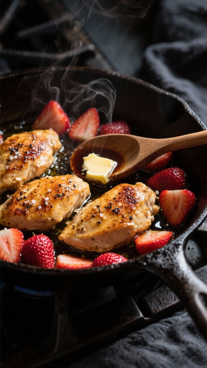 45-degree action shot of a Blistered Strawberry Balsamic Chicken Skillet on the stovetop: seared golden small chicken breasts seasoned with kosher salt and black pepper nestled among halved strawberries blistering in olive oil and butter; a glossy balsamic reduction catching the light, steam rising subtly; cast-iron skillet set on a dark linen, a wooden spoon with strawberry pan juices, highlights on butter-melted edges, moody light for savory-sweet drama, no people.