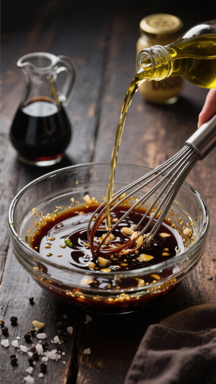 45-degree action shot of Classic Balsamic Vinaigrette being whisked in a clear glass mixing bowl: visible ribbons of deep mahogany balsamic vinegar emulsifying with Dijon mustard, minced garlic flecks, a drizzle of honey, kosher salt and freshly cracked black pepper; stream of extra-virgin olive oil pouring in to create a glossy, thickened emulsion; set on a dark wood table for warmth, with a small carafe of balsamic and a jar of Dijon in the background, tight composition, moody yet appetizing lighting.