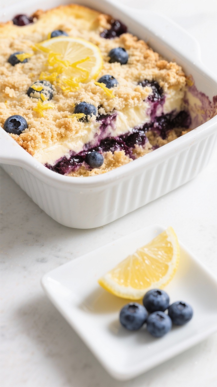 45-degree angle, bakery-style final dessert: blueberry lemon cheesecake dump cake in a white ceramic baking dish, marbled layers of blueberry pie filling and creamy cheesecake pockets beneath a gently crisped lemon cake mix topping; bright flecks of lemon zest on top, a light lemon juice glaze sheen, deep indigo blueberries bleeding into golden crumb; a neat square plated in the foreground with a lemon twist and a few fresh blueberries; clean, high-key lighting, no people, sharp detail on crumb and glossy berries.