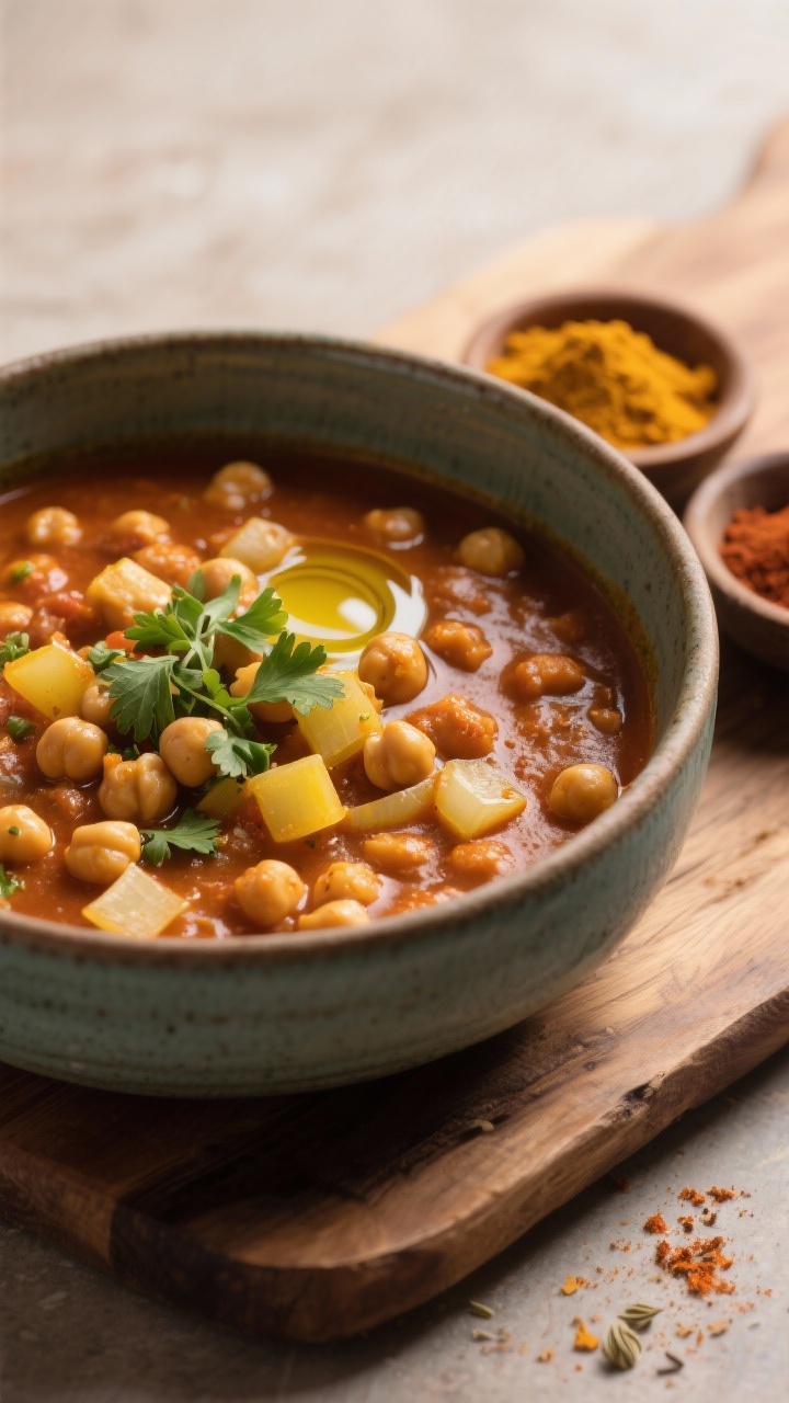 45-degree angle bowl shot of Cozy Moroccan Chickpea Stew: a deep ceramic bowl filled with a thick, tomato-free, spice-forward stew showcasing plump chickpeas, diced yellow onion, flecks of grated fresh ginger, and a warm sunset palette from cumin, smoked paprika, coriander, and turmeric; garnished with a swirl of olive oil and a sprinkle of chopped cilantro; served on a rustic wooden board with small pinch bowls of the ground spices visible to the side; soft, cozy lighting to emphasize warmth and comfort.