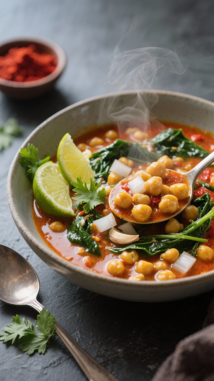 45-degree angle close-up of a creamy coconut chickpea curry ladled into a shallow bowl: chickpeas simmered in coconut oil with finely chopped yellow onion, minced garlic, grated fresh ginger, and a deep-red curry paste base, finished with wilted spinach and a bright squeeze of lime. Garnish with lime wedges and a few torn cilantro leaves, steam visible, glossy surface from the coconut milk. Place a spoon and a small bowl of red curry paste nearby on a matte slate surface to hint at the ingredients. Rich, cozy mood, saturated colors, professional studio lighting.