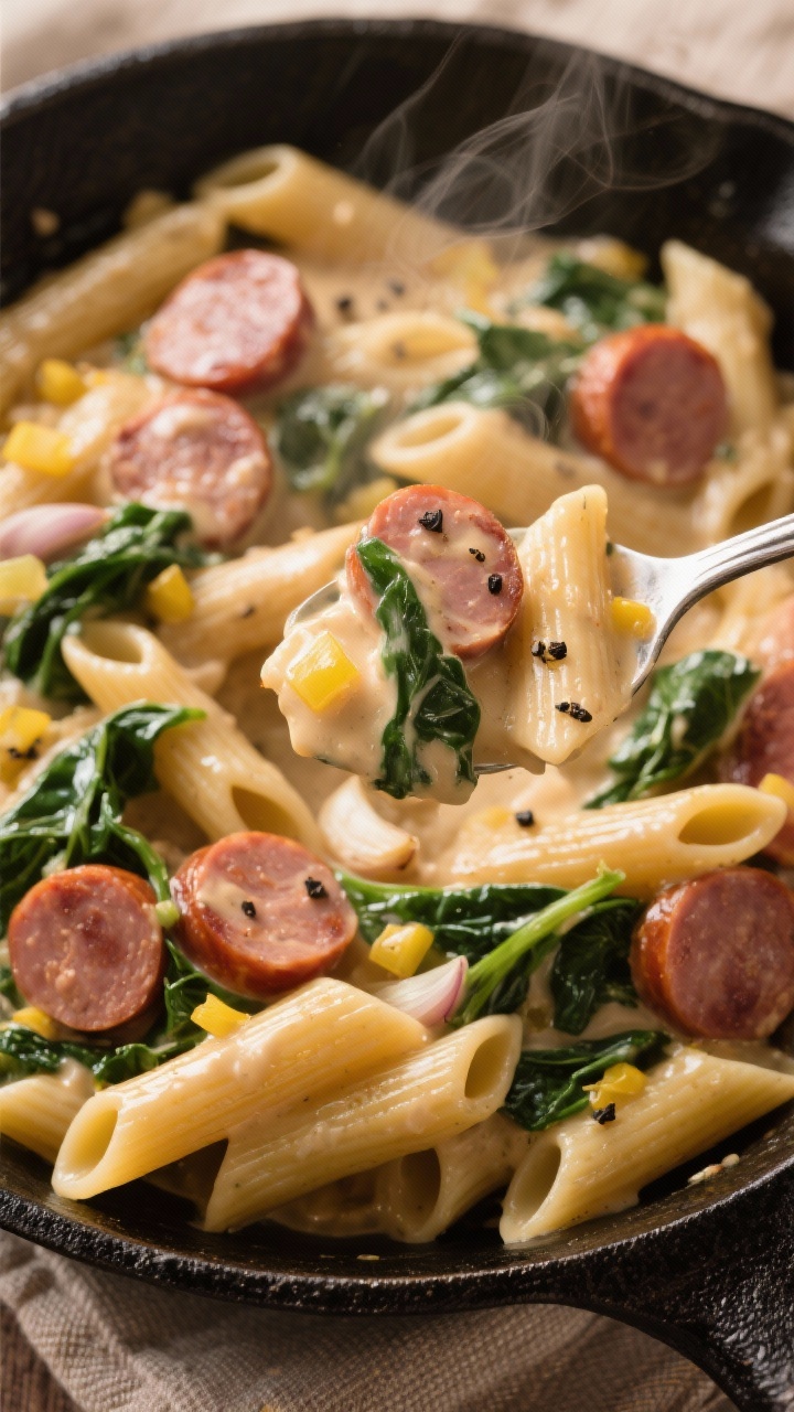 45-degree angle close-up of a creamy smoked sausage and spinach skillet pasta: al dente short pasta (penne) coated in a glossy, velvety sauce, studded with 1 lb smoked sausage cut into 1/4-inch half-moons, ribbons of wilted spinach, finely chopped yellow onion, and fragrant minced garlic. Steam rising, sauce clinging to ridges, cracked black pepper and a light sheen from olive oil, all in a black cast-iron skillet set on a warm linen, with a spoon lifting a portion to showcase creamy texture and sausage sear.