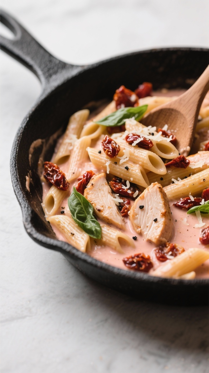 45-degree angle close-up of a creamy sun-dried tomato chicken pasta skillet: short pasta (penne) swirled in a velvety, blush-colored sauce studded with chopped sun-dried tomatoes, juicy seared chicken breast pieces, and a glossy finish from both olive oil and tomato oil; specks of black pepper and a light shower of grated cheese and basil ribbons; presented in a black sauté pan with a wooden spoon partially twirling the pasta, rich and comforting Italian-inspired vibe.