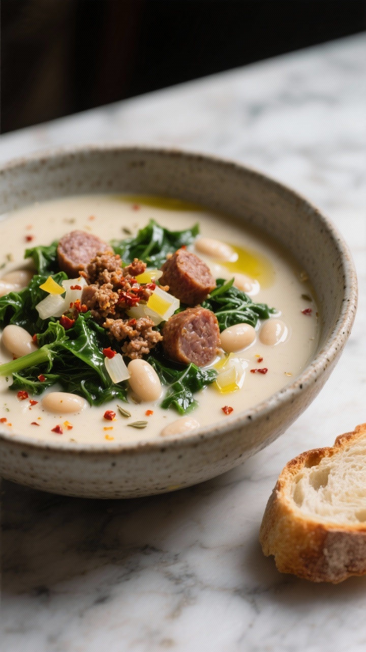 45-degree angle close-up of a creamy Tuscan sausage, kale, and white bean soup ladled into a stoneware bowl: crumbled Italian sausage (browned), lacinato kale ribbons wilted yet vibrant, tender cannellini-style white beans, diced yellow onion and minced garlic visible, flecks of fennel seed and crushed red pepper flakes dotting a rich, cream-kissed broth. Drizzle of olive oil and a pinch of chili flakes on top; side of toasted country bread. Moody, cozy lighting with shallow depth of field focusing on sausage and beans, marble countertop background.