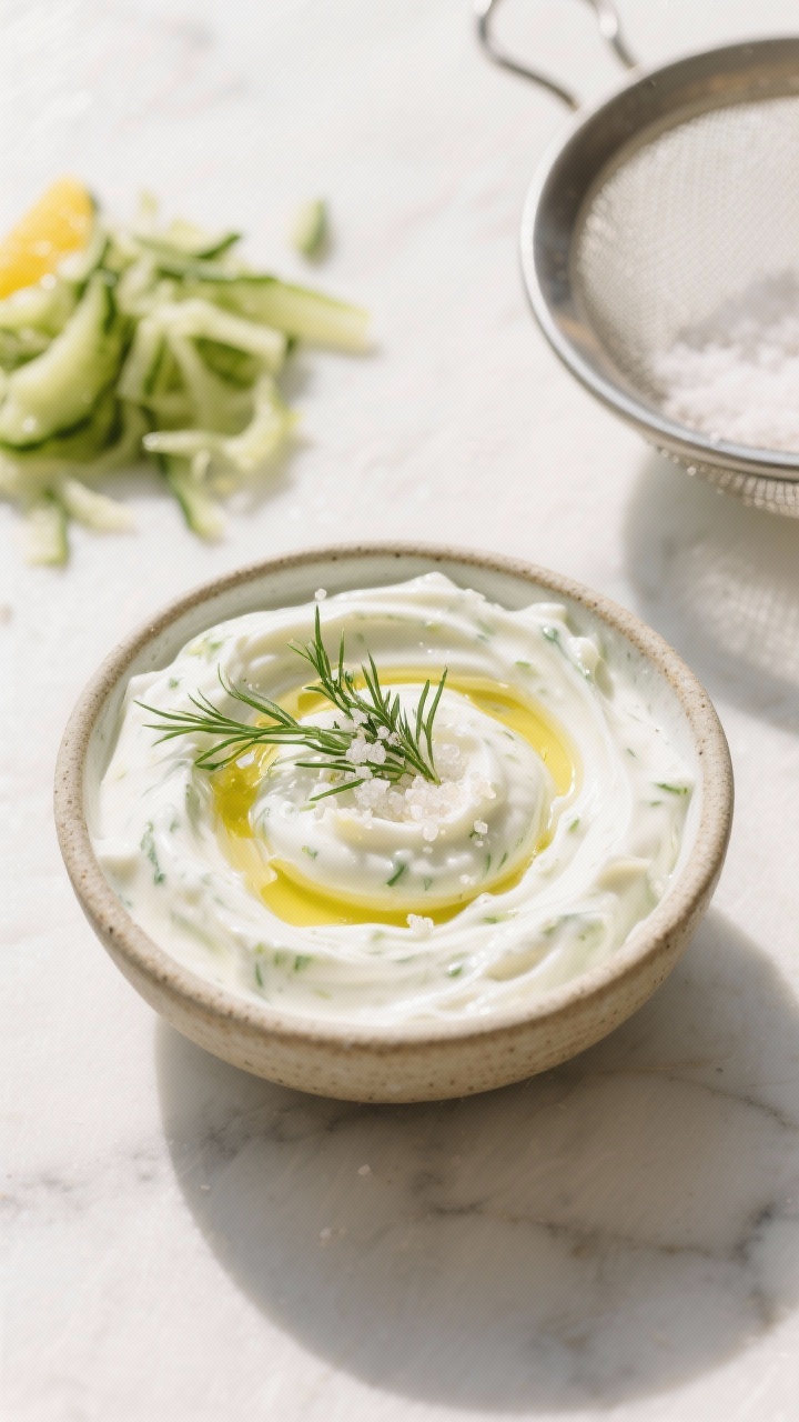 45-degree angle close-up of creamy Greek tzatziki in a small rustic bowl: thick full-fat Greek yogurt swirled with grated English cucumber, fine grated garlic, extra-virgin olive oil drizzled on top, a sprinkle of kosher salt, and a few dill sprigs for aroma; show the texture of cucumber threads and glossy olive oil; background includes a micro pile of grated cucumber in a sieve to suggest salting/draining; bright, clean Mediterranean light with white marble surface and subtle lemony highlights.