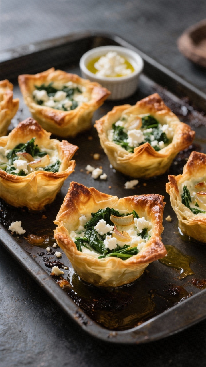 45-degree angle close-up of crispy spanakopita cups just out of the oven: golden, crinkled phyllo nests filled with a creamy spinach, feta, and ricotta mixture dotted with sautéed onion and garlic; edges deeply browned and shattering, filling slightly puffed with visible green spinach strands and white feta crumbles; arranged on a dark sheet pan brushed with olive oil, with a small bowl of extra crumbled feta and a ramekin of olive oil in the background; sharp, appetizing contrast, no people.