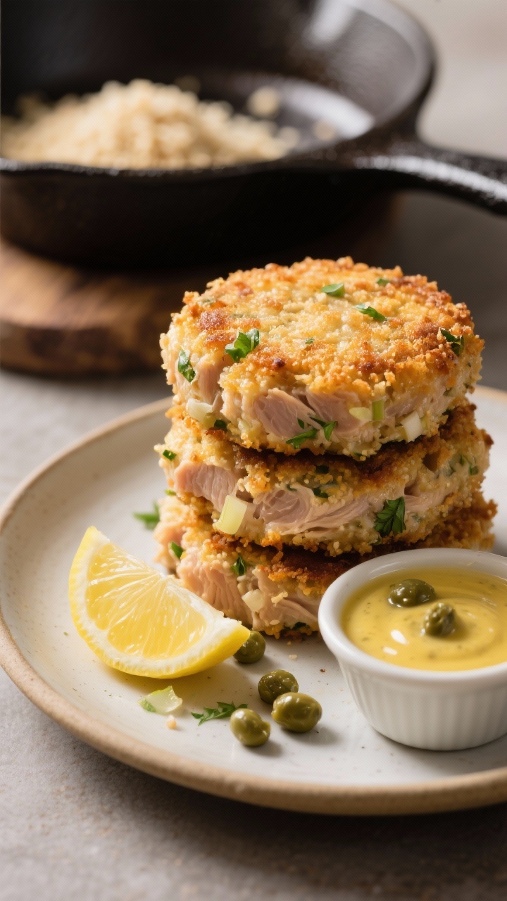 45-degree angle close-up of golden crispy tuna cakes just out of the skillet, stacked on a small plate with a side ramekin of silky lemon caper sauce; visible panko crust, flecks of parsley and shallot in the cakes, a lemon wedge and scattered capers for detail; shallow depth of field to emphasize crunchy exterior and moist interior; warm light, cast-iron skillet and a small bowl of panko and Dijon in the background to hint at ingredients, restaurant-quality finish, no people.