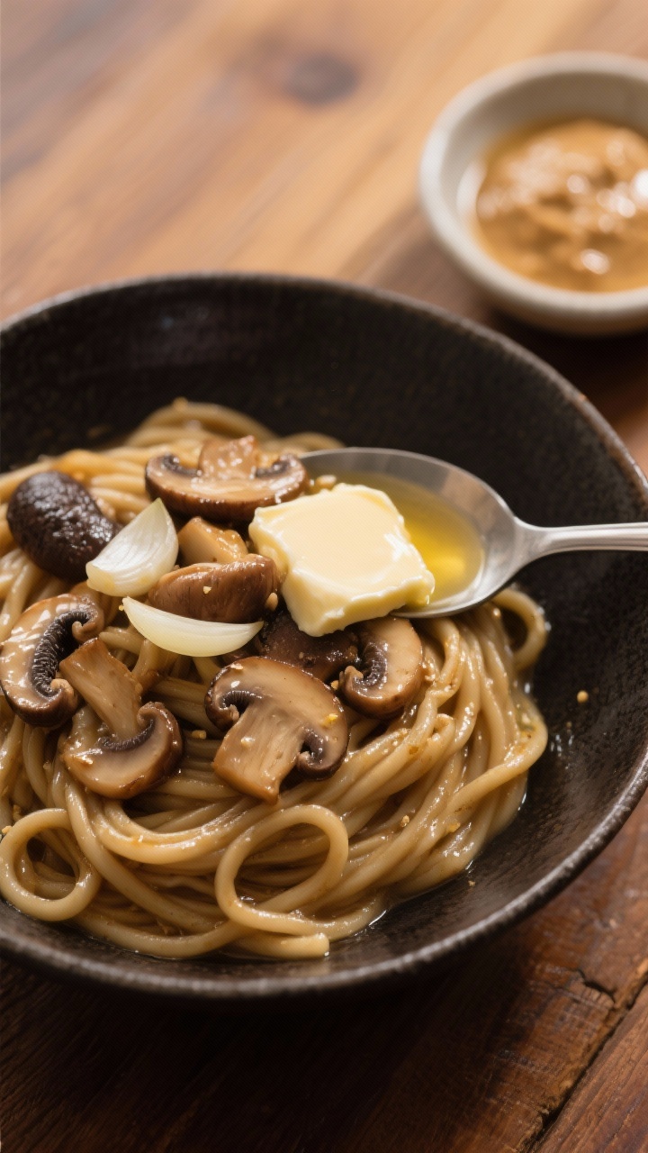 45-degree angle close-up of miso-butter udon with garlicky mushrooms: thick, glossy udon strands folded in a silky miso-butter sauce, topped with a mix of sautéed shiitake, cremini, and oyster mushrooms and translucent thin garlic slices. Butter pat melting into the noodles, a spoonful of pale-white/yellow miso in a small dish nearby, and a sheen from neutral oil. Set in a dark ceramic bowl on a warm wood table for a cozy, umami-forward mood; shallow depth of field emphasizes mushroom textures and noodle sheen.