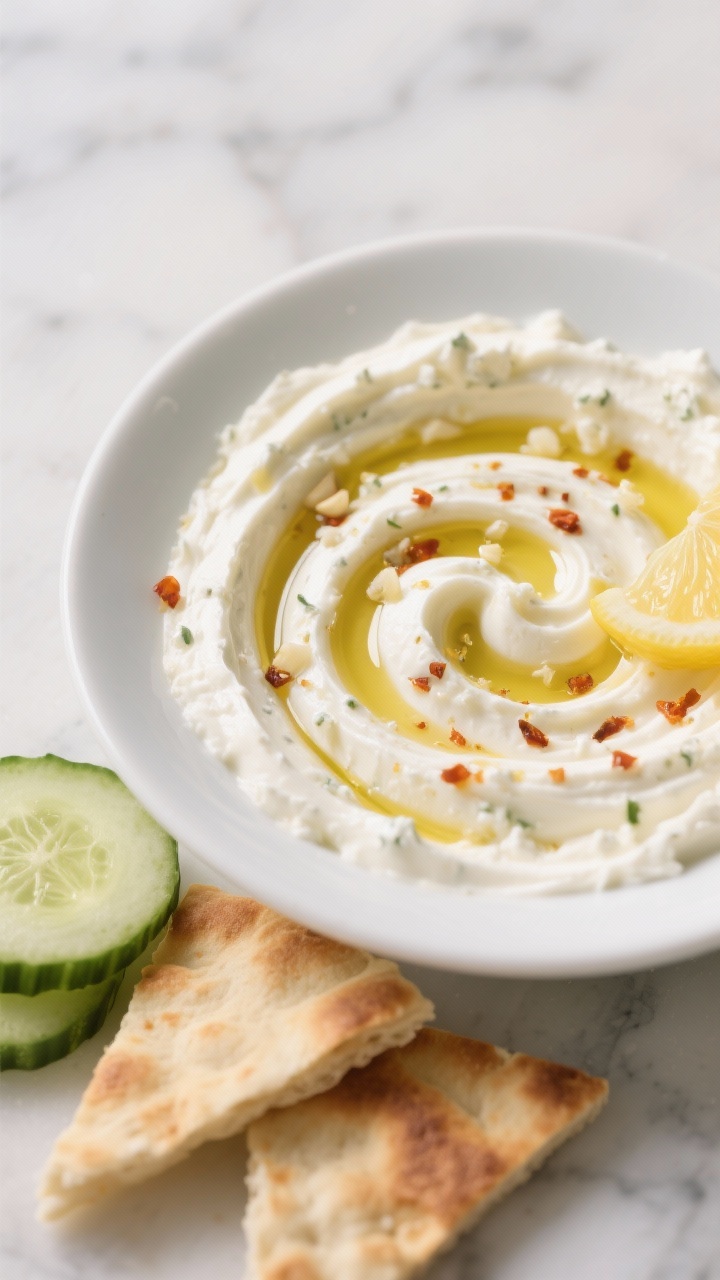 45-degree angle close-up of whipped feta dip swirled in a shallow white bowl: ultra-creamy feta and whole-milk Greek yogurt base with a glossy olive oil sheen, delicate honey-chili drizzle pooling in rivulets, tiny grated garlic flecks, and a squeeze of lemon evident from zest curls; served with warm pita triangles and cucumber slices on a cool marble surface; bright, clean Mediterranean vibe with soft natural light.