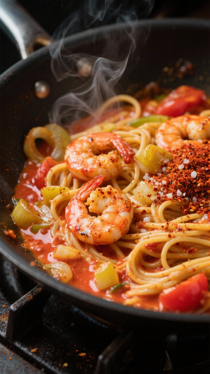 45-degree angle cooking process shot of spicy Cajun shrimp linguine with creamy tomato kick in a sauté pan: medium shrimp searing in olive oil alongside sliced small yellow onions, dusted generously with Cajun seasoning, smoked paprika, and kosher salt, a swirl of tomato-cream sauce beginning to emulsify and cling to al dente linguine; visible steam, intense rust-red hues from spices, garnished with an extra pinch of Cajun seasoning on the side, moody contrasty lighting to emphasize spice and heat.