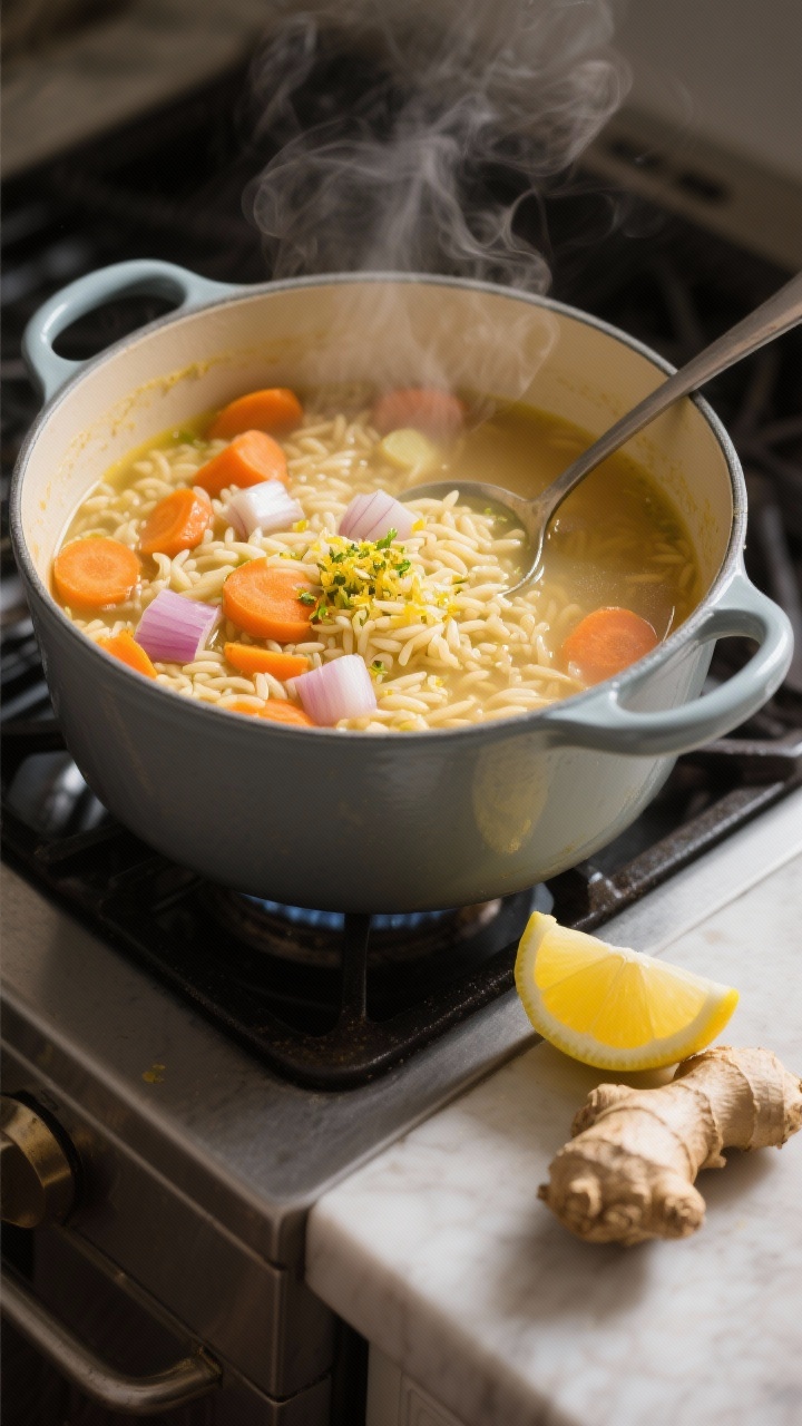 45-degree angle, cozy stovetop scene of carrot-lemon orzo soup simmering in a matte enamel Dutch oven: visible diced onion, minced garlic, grated fresh ginger, sliced carrots, tiny orzo pearls, and a bright splash of lemon zest; steam rising, low-sodium vegetable/chicken broth clear and golden; a ladle resting on the rim with a lemon wedge and ginger knob nearby; soft evening light for a comforting weeknight mood, shallow depth of field.