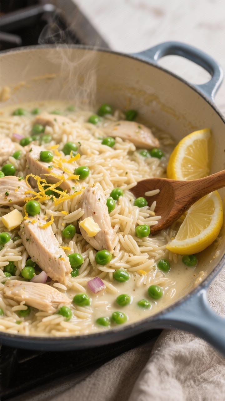 45-degree angle, cozy stovetop scene of creamy one-pot chicken orzo with lemon and peas in a wide enamel skillet: glossy orzo simmered in low-sodium chicken broth with butter and olive oil, flecks of minced shallot and garlic visible, bright green peas folded in, lemon zest shavings on top and lemon wedges at the side; a wooden spoon creating a swoosh through the velvety sauce, gentle steam rising, neutral linen underneath for a comforting, weeknight vibe.
