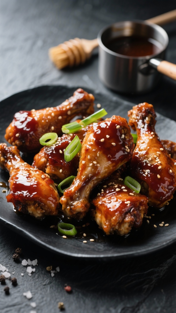 45-degree angle, glossy sticky soy-ginger glazed chicken legs piled on a shallow black plate: lacquered deep mahogany glaze made from low-sodium soy sauce, honey, rice vinegar, and mirin; visible sesame seeds sprinkled on top and sliced scallions fanned across; a small saucepan with extra glaze and a basting brush in the background; dramatic side lighting to emphasize stickiness and shine; neutral dark slate surface, a pinch of kosher salt and cracked black pepper scattered for texture.