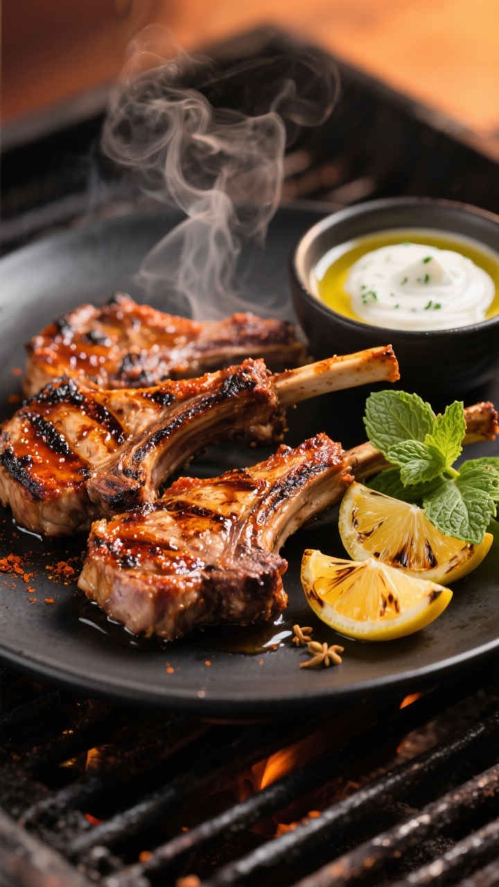 45-degree angle grill scene of smoky harissa-grilled lamb chops with pronounced char marks, brushed in a glossy blend of harissa paste, olive oil, honey, ground cumin, and smoked paprika; served on a matte black platter with a side bowl of creamy mint yogurt (flecks of fresh mint visible) and a drizzle of olive oil; garnished with grilled lemon halves and a few mint leaves; warm sunset tones, shallow depth of field, steam rising for appetizing heat