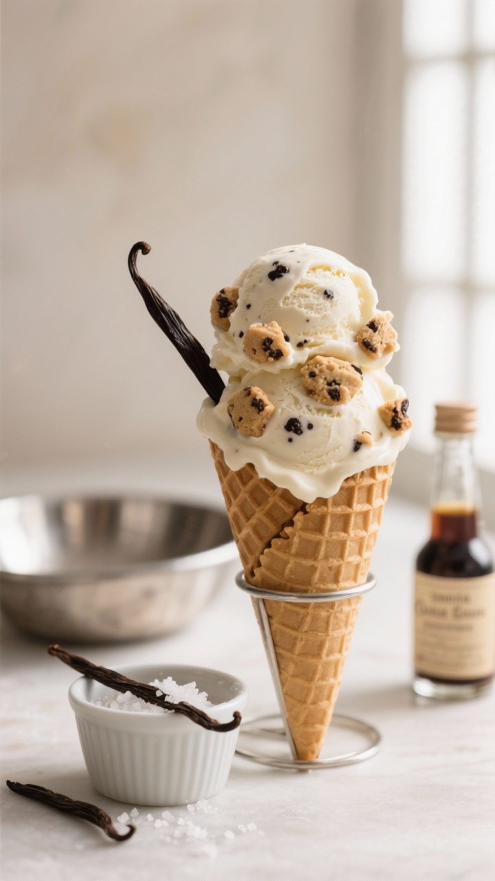45-degree angle hero shot of Vanilla Bean Cookie Dough ice cream in a waffle cone stand: creamy vanilla bean base with visible black vanilla specks, studded with generous chunks of safe-to-eat cookie dough; a split vanilla bean and tiny pinch of salt in a ramekin nearby; background props include a chilled metal pan and a bottle labeled vanilla extract; soft neutral backdrop, natural window light, shallow depth of field to spotlight the scoop’s texture and cookie dough chunks; inviting, classic dessert vibe.