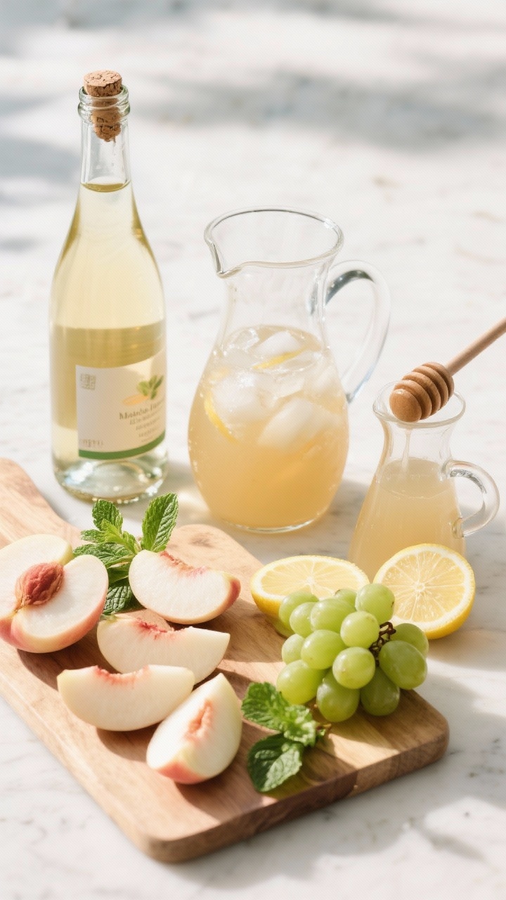 45-degree angle ingredient-prep shot for Market-Fresh White Peach Sangria: dry white wine bottle uncorked beside a cutting board with ripe white peaches (thin crescent slices showing pale blush flesh), green grapes, thin lemon rounds, fresh mint sprigs, and a small carafe of peach nectar; clear pitcher prepped with ice and a honey dripper resting nearby; cool summer palette, bright airy light, minimal props, sharp detail on peach textures.
