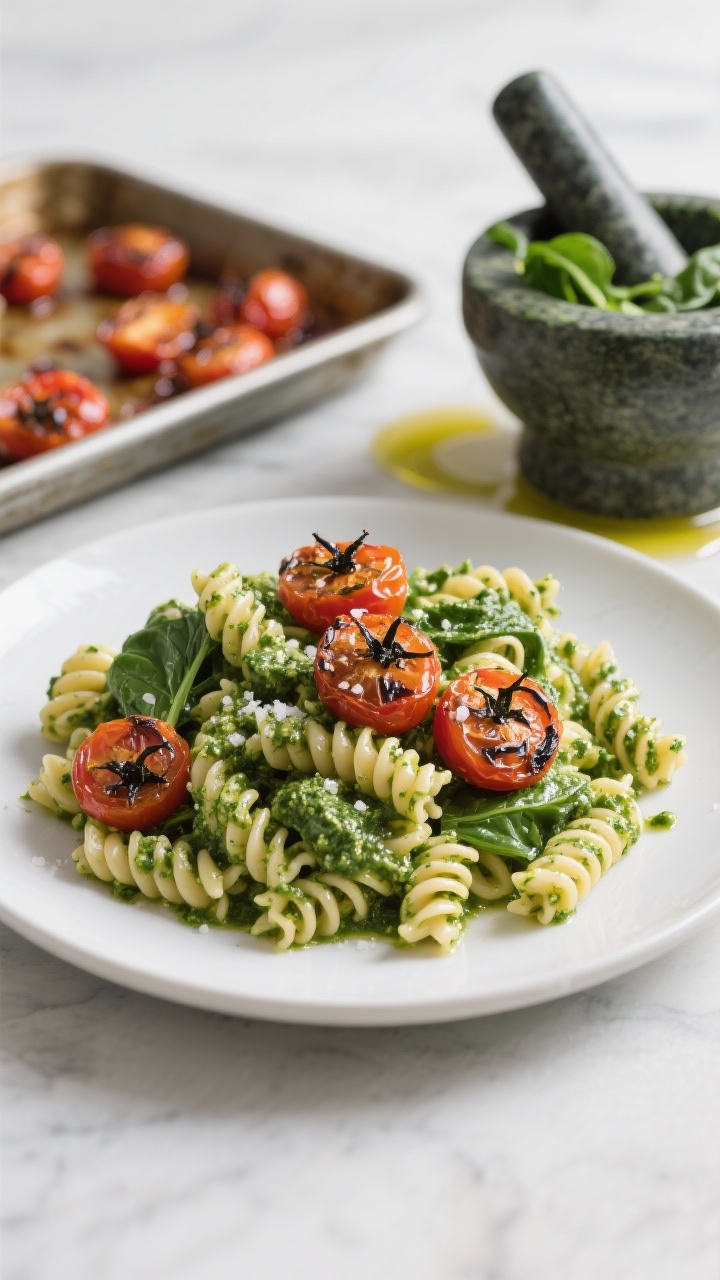 45-degree angle ingredient-to-final transition shot for spinach pesto pasta with roasted cherry tomatoes: short pasta (fusilli) swirled in vivid green spinach pesto, topped with blistered, olive-oil-roasted cherry tomatoes; black pepper and salt crystals visible on tomatoes, pesto clinging to corkscrew ridges; a mortar with packed baby spinach and a drizzle of olive oil beside the plate, a sheet pan with roasted tomatoes in the background; clean modern styling, high clarity, appetizing shine without grease.