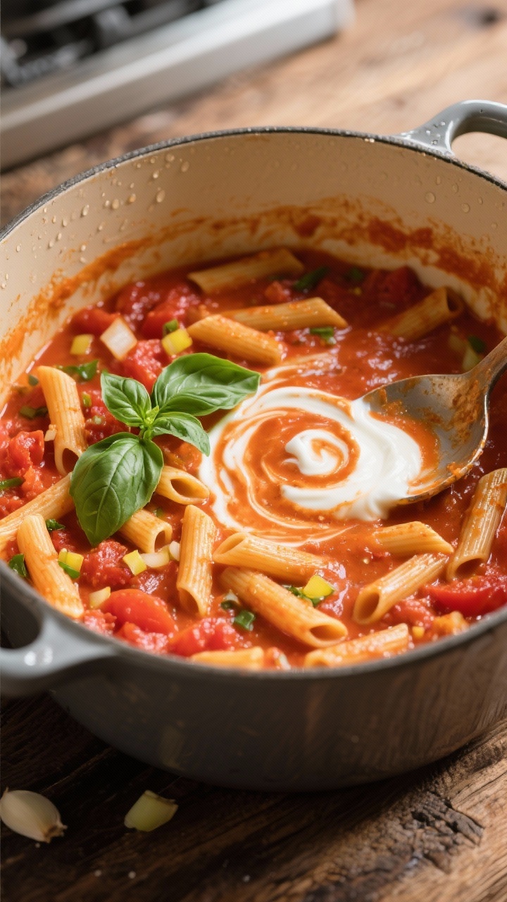 45-degree angle one-pot cooking scene for Creamy Tomato Basil Penne: penne simmering in a Dutch oven with crushed tomatoes and low-sodium broth reducing to a velvety sauce; visible swirls of heavy cream just stirred in, ribbons of fresh basil added at the end, bits of finely chopped yellow onion and minced garlic peeking through; droplets on the pot walls, ladle resting on the rim; warm, cozy kitchen light, rich red-orange sauce with green basil contrast, shot focused on the creamy simmering texture and short pasta tubes, rustic wooden surface, professional sharpness.