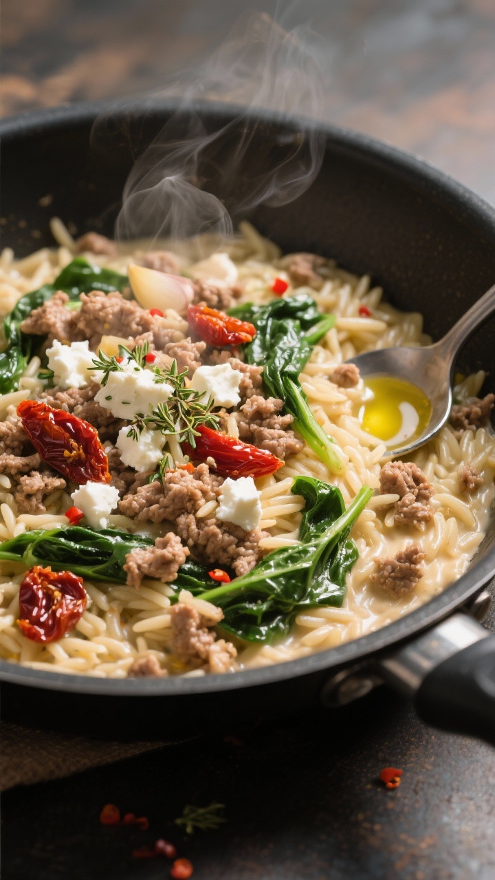 45-degree angle, one-pot creamy turkey orzo in a wide, shallow skillet: ground turkey crumbles browned and folded into silky orzo with a creamy sheen; ribbons of wilted spinach, chopped sun-dried tomatoes adding ruby pops, crumbled feta sprinkled on top; aromatic cues of garlic, dried oregano, and a pinch of red pepper flakes visible; a drizzle of olive oil catching the light; steam rising, spoon resting in the pot, warm and cozy Mediterranean vibe.