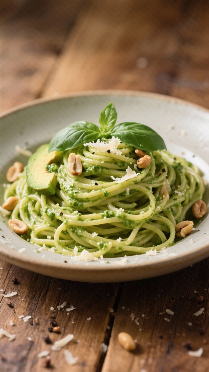 45-degree angle plated presentation of creamy avocado pesto pasta: al dente spaghetti coated in a silky green sauce made from 2 ripe avocados, fresh basil, grated Parmesan, and toasted pine nuts. Twirls of pasta piled high in a shallow bowl, finished with extra grated Parmesan, a sprinkle of toasted pine nuts, cracked black pepper, and a few torn basil leaves. Soft, diffused light to highlight creaminess; warm, rustic wooden table for Italian comfort mood.
