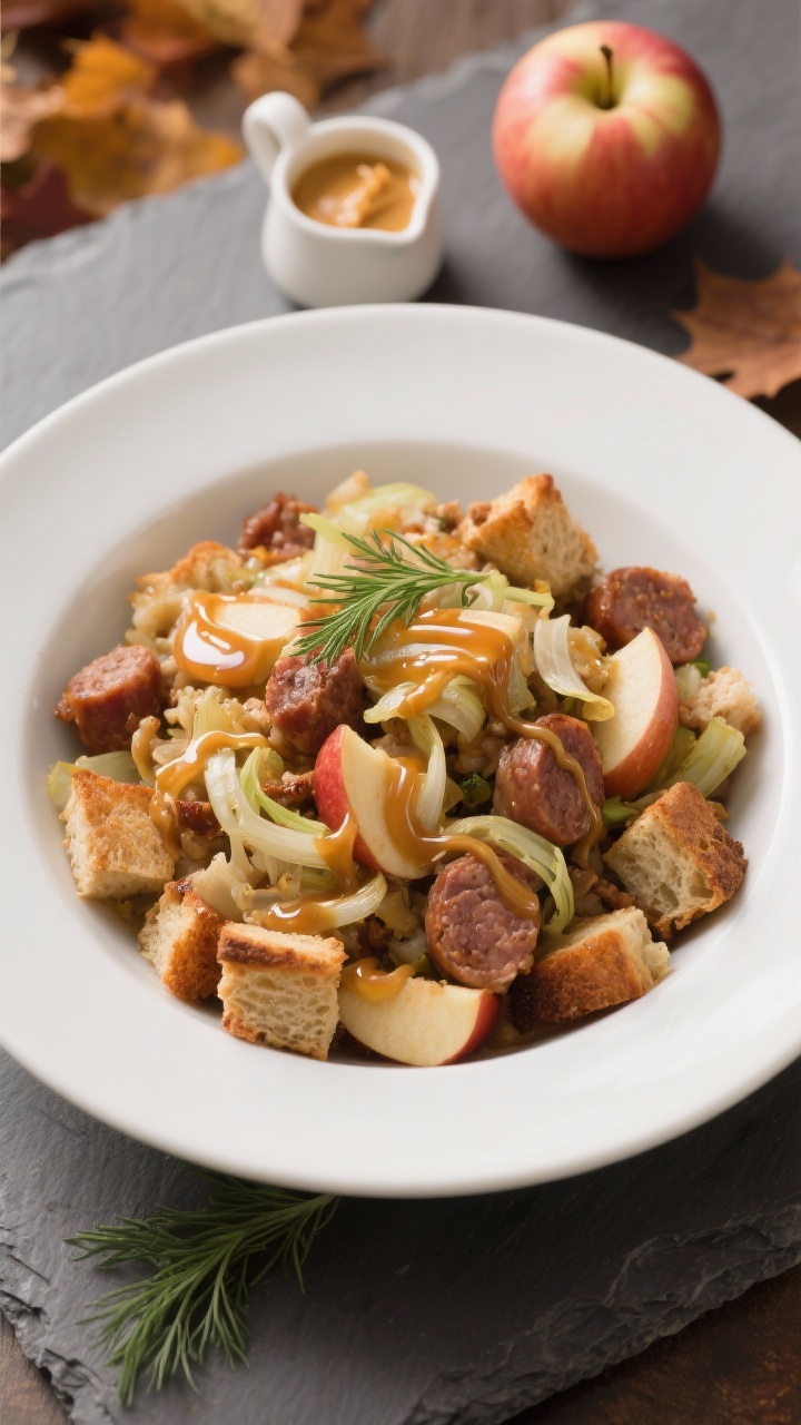 45-degree angle plated presentation of sausage, fennel, and apple stuffing in a shallow white bowl, with caramelized crumbles of Italian sausage, diced fennel, and Honeycrisp apple pieces tucked among toasted rustic country bread cubes. A glossy maple butter drizzle ribbons over the top; fennel fronds scattered as garnish. Set on a slate surface with a small pitcher of maple butter and a halved apple in the background; rich, cozy autumn mood.