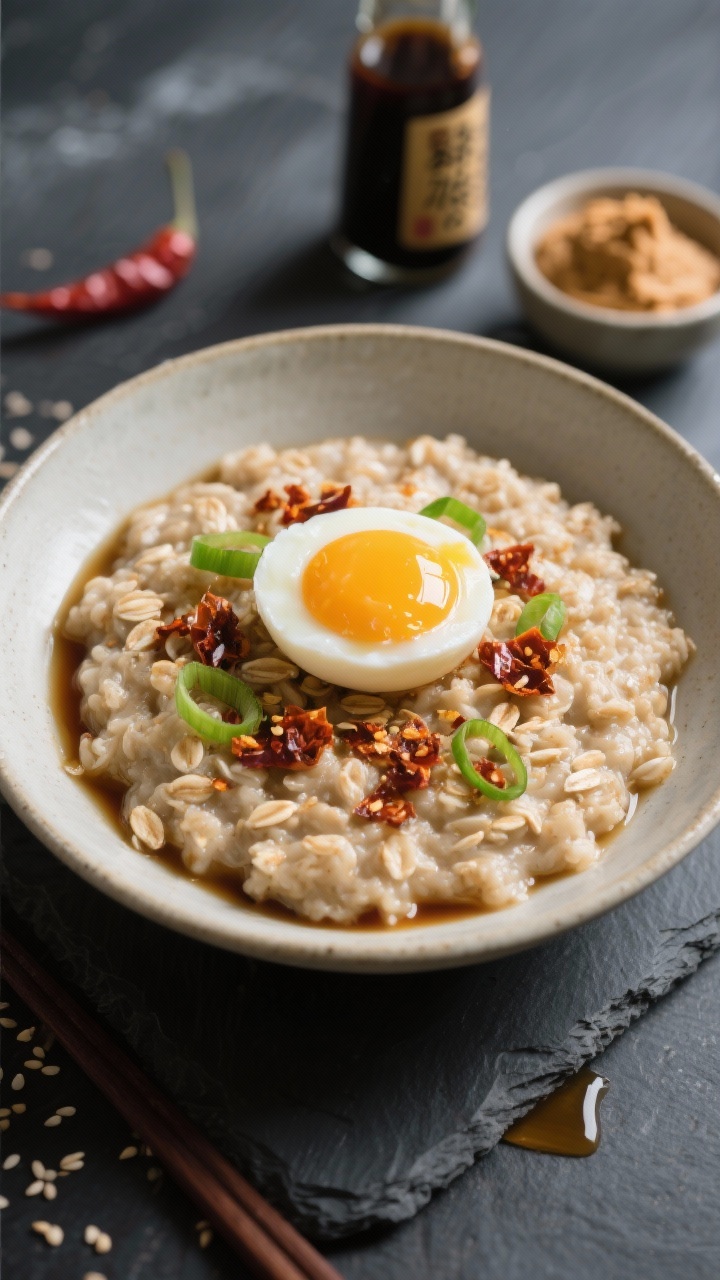 45-degree angle plated presentation of savory miso oatmeal: creamy oats cooked in low-sodium broth, enriched with white miso and a splash of soy sauce/tamari, finished with toasted sesame oil. Crowned with a jammy egg split open, yolk glossy and soft; scattered with crispy chili flakes/oil and a few sliced scallions. Place a small bowl of miso paste, a bottle of soy sauce, and a drizzle of chili oil in the background. Neutral ceramic bowl on a dark slate surface for umami contrast, sharp focus on textures.