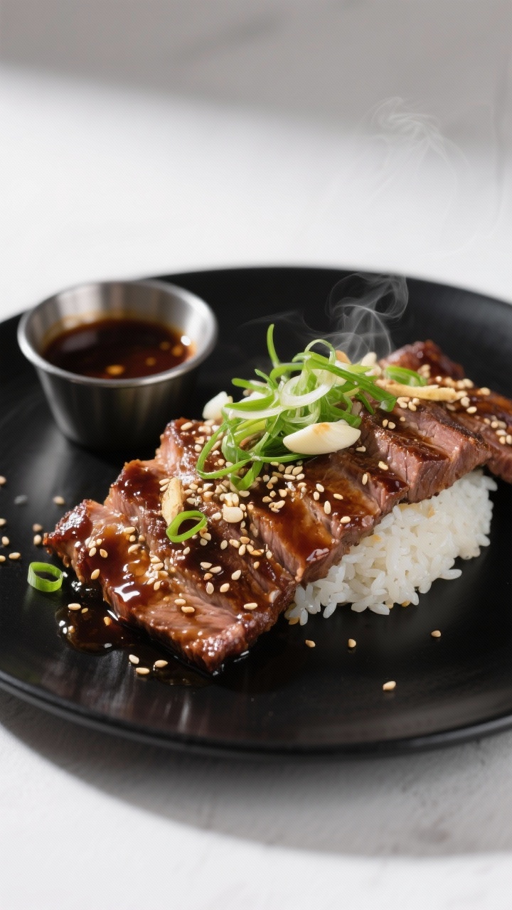 45-degree angle plated presentation: Sweet-and-savory Korean-style flank steak, glossy lacquer from soy sauce, brown sugar, honey, rice vinegar, and toasted sesame oil; thinly sliced across the grain, sprinkled with toasted sesame seeds and a tangle of sesame-slick scallions; micro steam rising, finely grated garlic and fresh ginger notes implied by visible ginger threads; served over a small mound of steamed rice on a matte black plate, with a ramekin of extra marinade reduction; clean modern backdrop, high-contrast lighting.