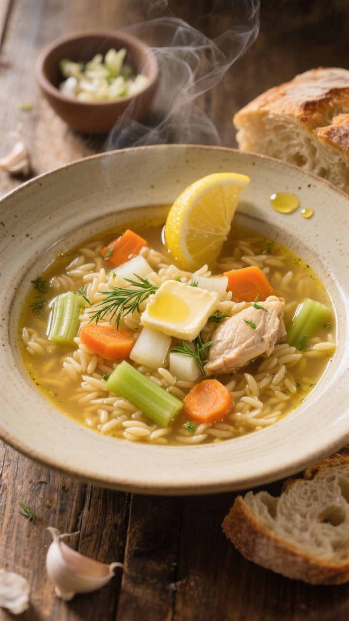 45-degree angle plated scene of cozy chicken orzo soup in a deep ceramic bowl: golden chicken broth with visible orzo, tender diced onion, sliced carrots, celery crescents, and flecks of dill, brightened with a lemon wedge perched on the rim. Small pools of olive oil and a pat of melted butter sheen on top. Include a side of crusty bread and a small ramekin of minced garlic; steam gently rising. Warm farmhouse table, natural light, inviting and homestyle.
