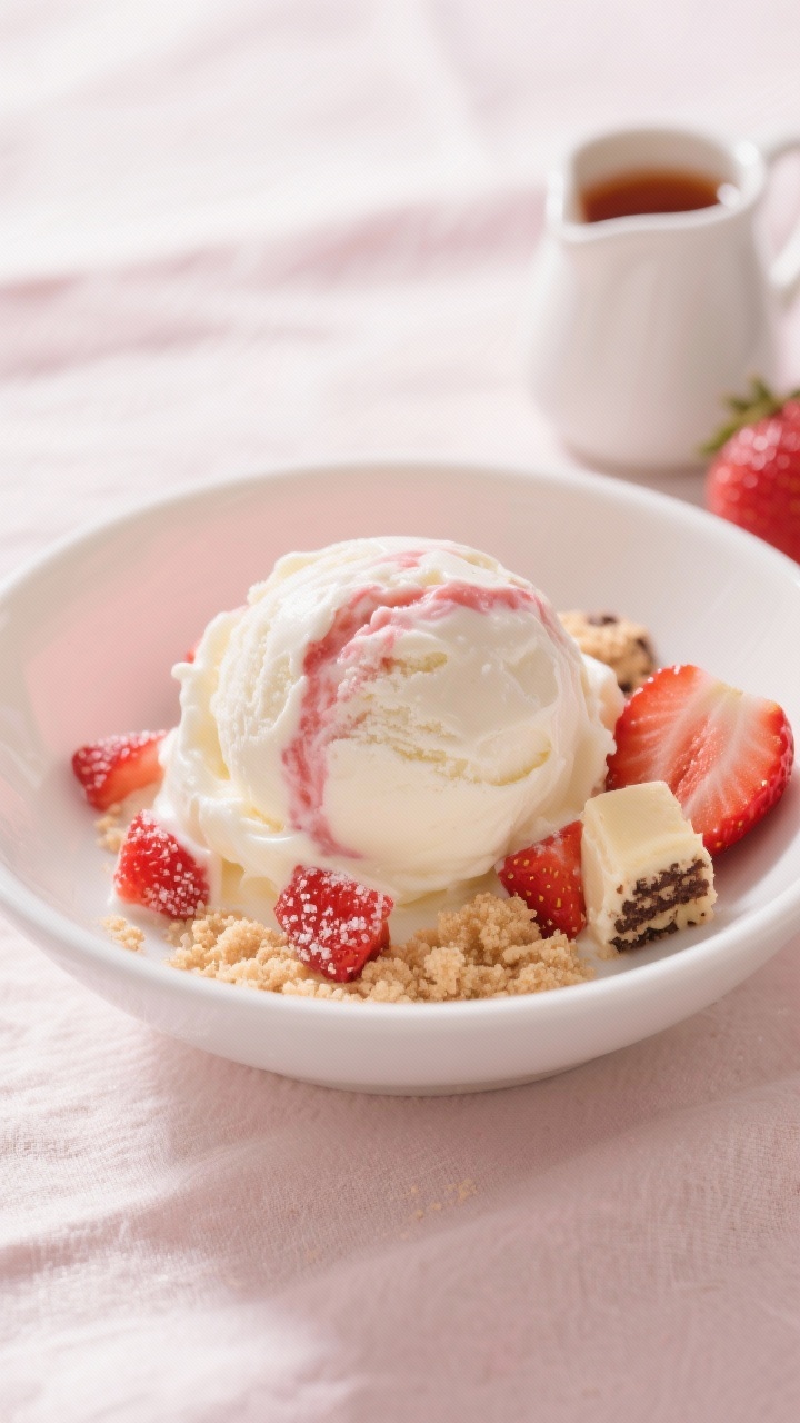 45-degree angle plated scoop of Strawberry Cheesecake ice cream in a chilled white bowl: creamy off-white base with visible cream cheese richness, laced with bright strawberry ripples and small strawberry pieces macerated in sugar; garnished with a few fresh hulled strawberry slices and fine cookie-style cheesecake crumb dusting on the rim; a small jug of strawberry syrup in the background; color palette of blush pinks and ivory, shot on a light linen with gentle daylight for a summery feel; focus on creamy texture and fruity sheen.