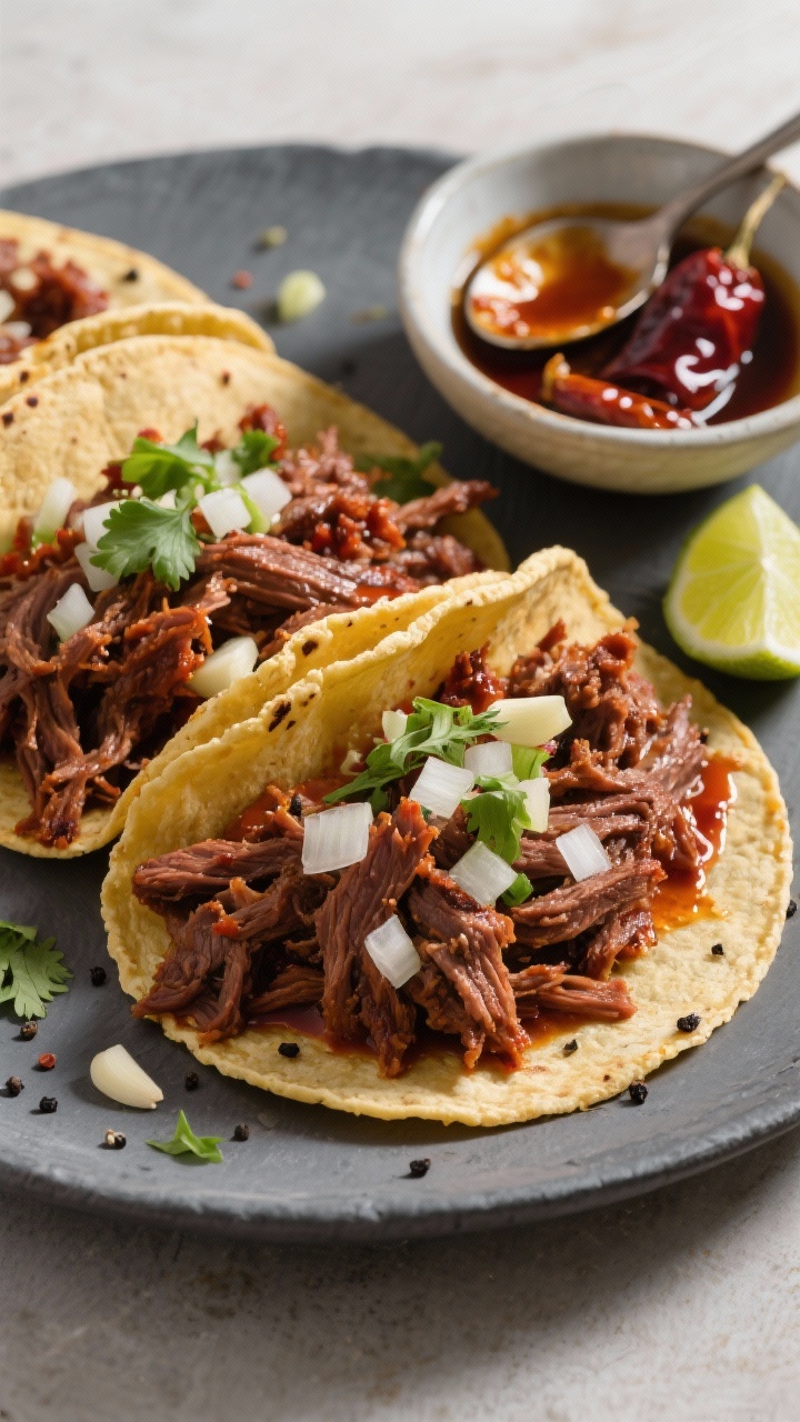 45-degree angle plated taco scene, street-food style: shredded slow-cooker barbacoa-style chuck roast piled into warm corn tortillas, sauced with chipotles in adobo and juices, speckled with black pepper; little flecks of garlic visible; garnished with diced onions and cilantro, lime wedges on the side; a small bowl showing chopped chipotles and a spoon streaked with smoky adobo sauce; neutral oil gloss on the meat; shot on a matte slate board for contrast, bright yet natural light to highlight the deep red-brown barbacoa color and taco textures.