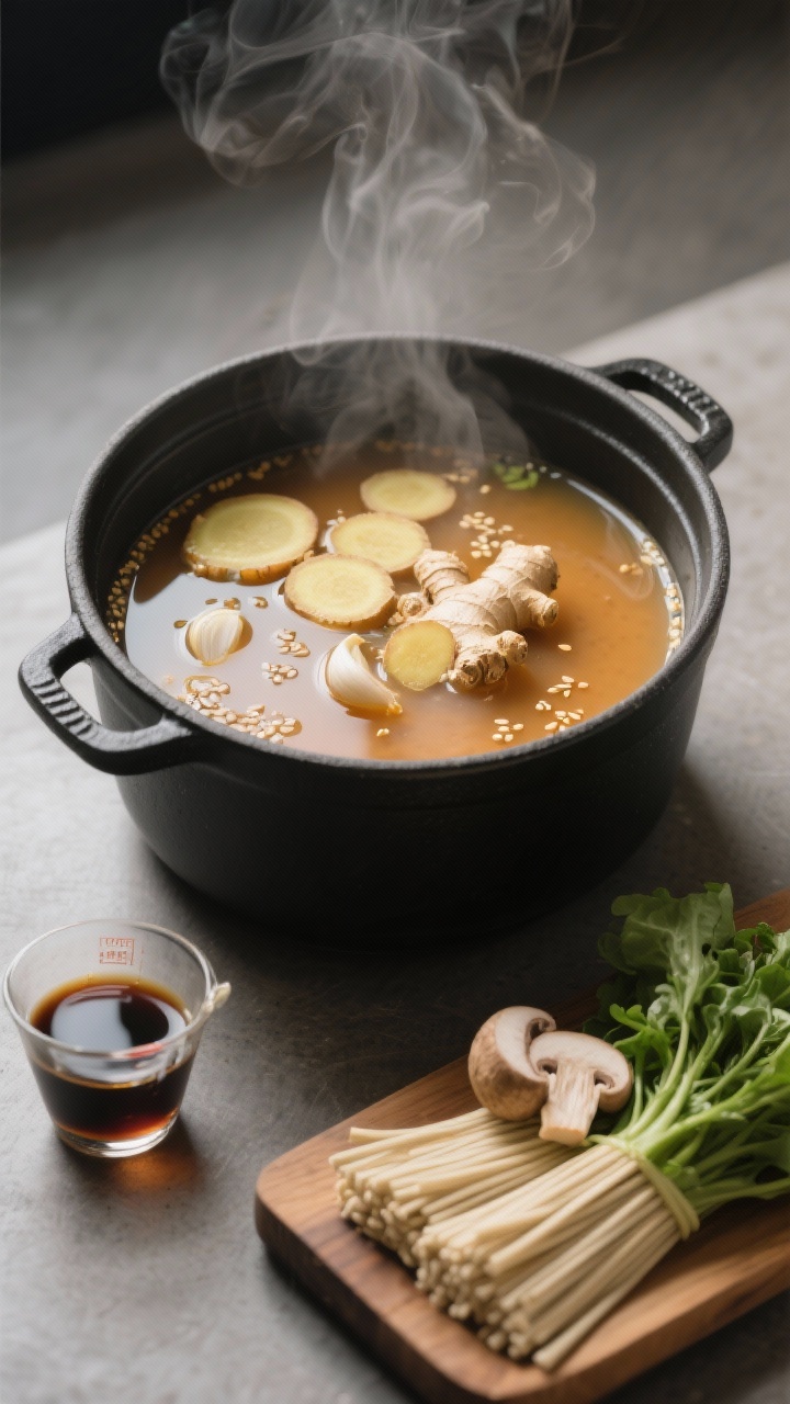 45-degree angle process shot: Ginger-garlic miso broth simmering in a matte black pot, steam rising. Visible sliced fresh ginger coins and thinly sliced garlic floating in a clear, amber-hued low-sodium vegetable broth, with a drizzle of toasted sesame oil creating subtle sheen. A small pour of low-sodium tamari/soy sauce and rice vinegar measured in glass prep cups nearby. Fresh greens, mushrooms, and bundles of uncooked soba on a wooden board at the edge of the frame, ready to add. Minimalist Japanese-inspired mood, soft diffused light, focus on the aromatic broth clarity and ingredients.