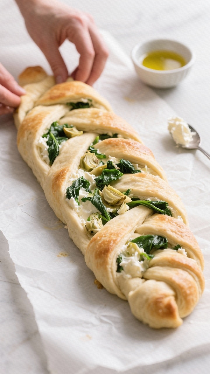 45-degree angle process shot of a spinach-artichoke crescent braid being assembled on a sheet of parchment: two (8 oz) cans’ worth of crescent dough arranged into a large rectangle with diagonal strips cut for braiding; the center filled with a creamy mixture of softened cream cheese, roughly chopped baby spinach sautéed in a touch of olive oil, and chopped artichoke hearts; hands absent, just the partially braided dough, a small bowl of olive oil and a spoon with cream cheese mixture on the side; soft natural light, clean surface, appetizing textures.