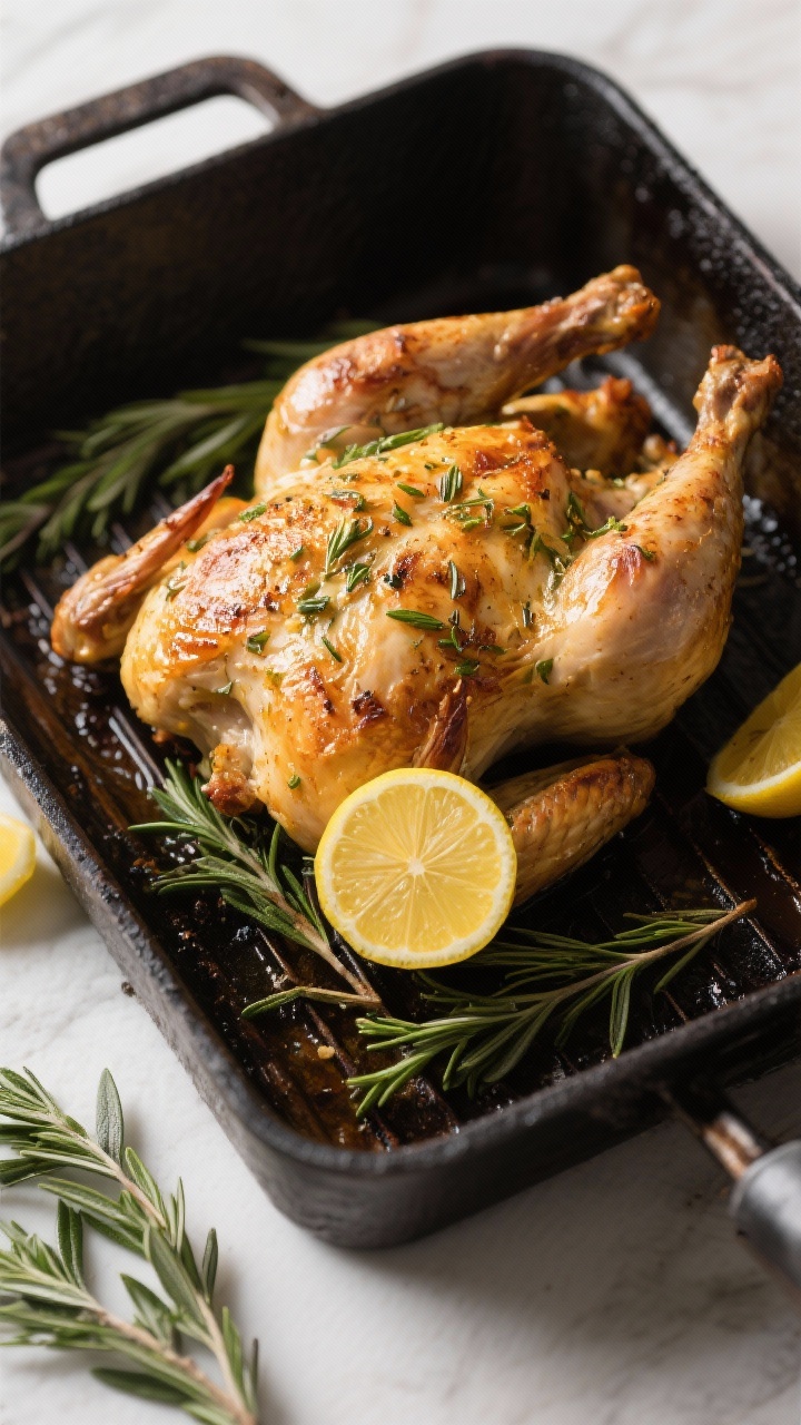 45-degree angle roasting scene for Lemon-Herb Roast Chicken: whole chicken (4–