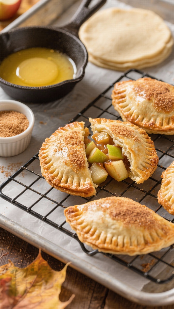 45-degree angle shot of cinnamon sugar apple hand pies just out of the oven on a wire rack, flaky shortcut crust blistered and golden with a sparkling cinnamon-sugar finish; one pie cut open to reveal tender diced apples (Granny Smith/Honeycrisp) in a glossy, buttery filling; nearby: small skillet with melted butter, a ramekin of granulated sugar mixed with cinnamon, and folded refrigerated pie dough rounds; warm, autumnal styling on a baking sheet with parchment.