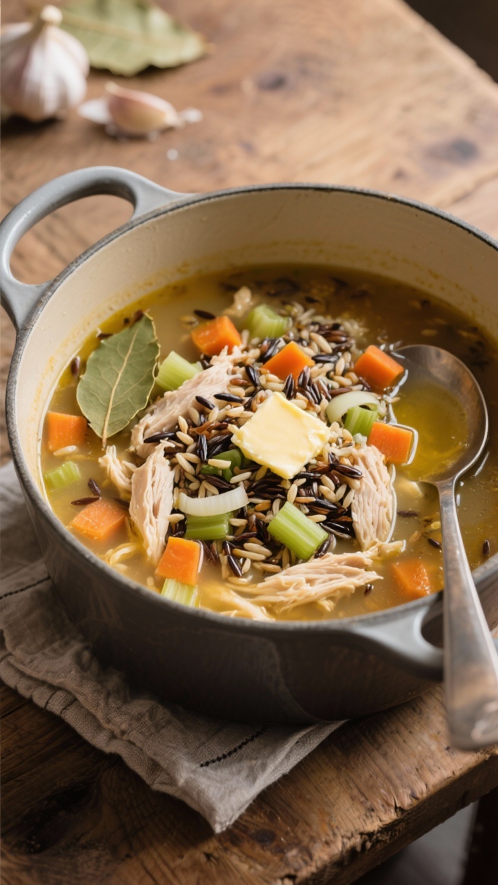 45-degree angle shot of cozy chicken and wild rice soup simmering in a Dutch oven: tender shredded chicken, wild rice blend grains opening, diced carrots, celery, and onion suspended in a golden low-sodium chicken broth, sheen of butter and olive oil on the surface; minced garlic and bay leaves at the edge, ladle resting on the pot; set on a wooden table with a linen, highlighting comforting, healing vibes.