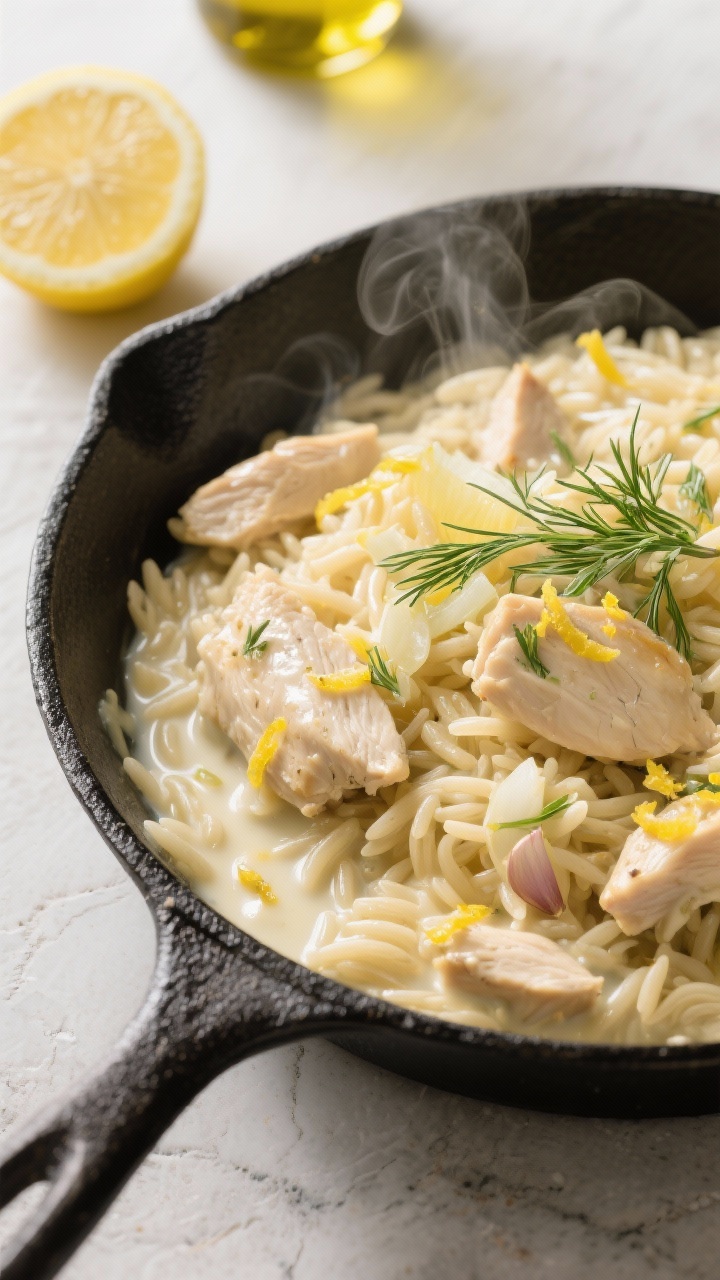 45-degree angle, skillet hero shot of creamy lemon-dill chicken orzo: glossy orzo swirled in a velvety sauce made from butter, olive oil, chicken broth, and milk, speckled with finely chopped yellow onion and minced garlic, finished with lemon zest and fresh dill fronds. Visible tender chicken pieces folded through. Steam gently rising, served in a black enamel skillet on a light stone surface with a lemon half and a drizzle of olive oil in frame. Soft, cozy lighting that emphasizes creaminess.