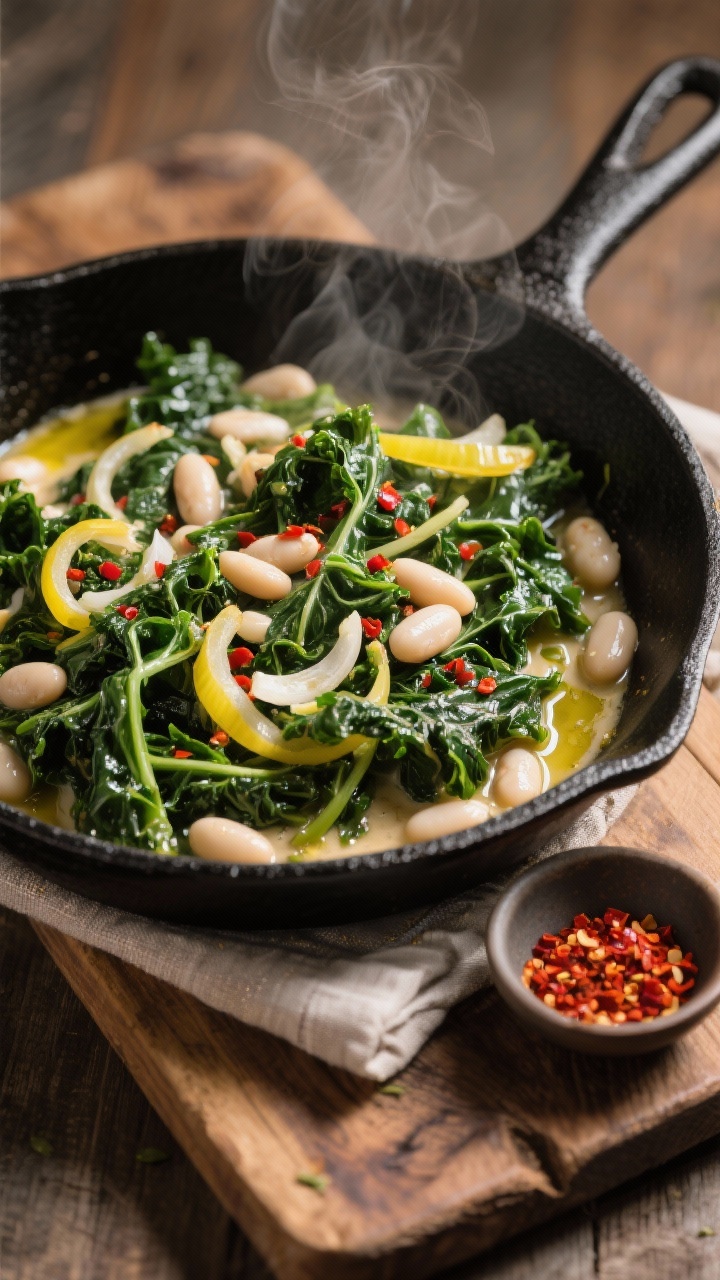 45-degree angle skillet scene of a Creamy Tuscan kale and white bean dish: ribbons of lacinato (Tuscan) kale wilted with finely chopped yellow onion and thinly sliced garlic, a hint of red pepper flakes visible, and creamy cannellini-style white beans nestled throughout; glossy olive oil sheen, steam just rising; presented in a matte black skillet on a rustic wood board with a linen napkin and a small bowl of red pepper flakes; warm, cozy mood.