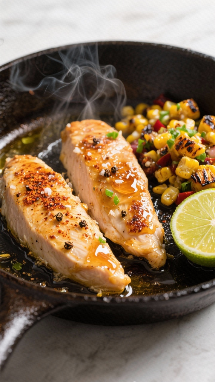 45-degree angle skillet scene of honey-lime chicken tenderloins searing in olive oil with a glossy honey glaze, seasoned with kosher salt, black pepper, chili powder, and cumin; charred corn salsa piled to one side of the pan with visible lime zest, a halved lime and honey drips on the rim, bright, zesty mood, steam rising, cast-iron texture emphasized.